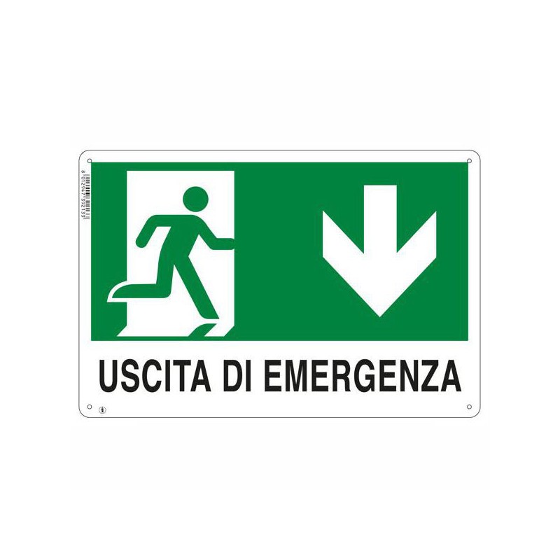 CARTELLO USCITA EMERGENZA GIU'    20x 30 ALLUMINIO