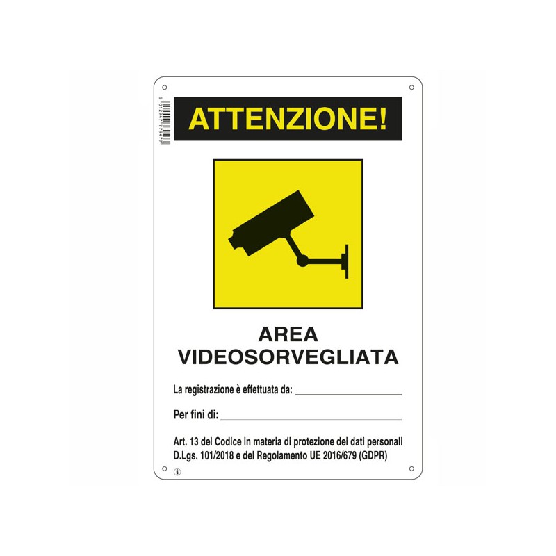 CARTELLO AREA VIDEOSORVEGLIATA    20x 30 ALLUMINIO