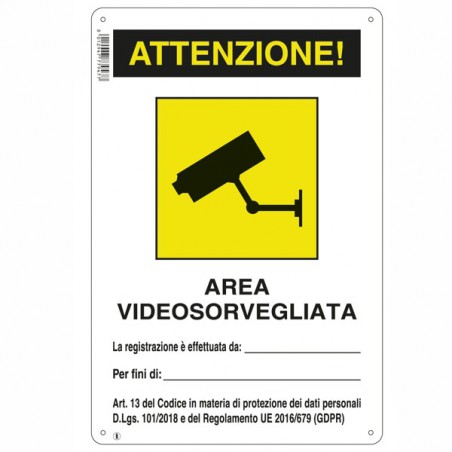 CARTELLO AREA VIDEOSORVEGLIATA    20x 30 ALLUMINIO